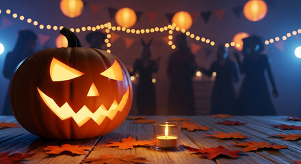 A Spooky halloween party with a glowing Jack-o'-lantern, dancing silhouettes, and festive lights at night