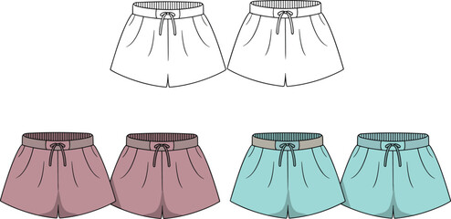 Flat vector illustration of casual summer shorts in multiple colors, front view, fashion apparel set for clothing design and catalog