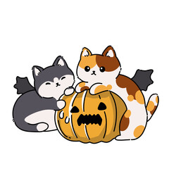 Cute cartoon kittens with a carved Halloween pumpkin, kawaii festive illustration, spooky yet adorable holiday concept.