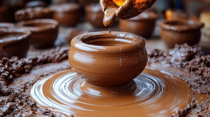 Clay pot being shaped on a pottery wheel by hands covered in clay. It shows craft, creation, and the beauty of handmade ceramics.