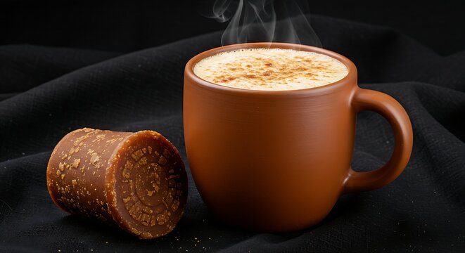 A large ceramic mug filled with foamy, sweet Caf&eacute; de Olla (coffee brewed with piloncillo and cinnamon), next to a whole piece of unrefined brown sugar (Piloncillo) cone, steam rising, on a textured bl