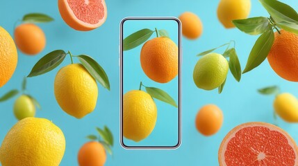 Modern smartphone display with floating citrus fruits