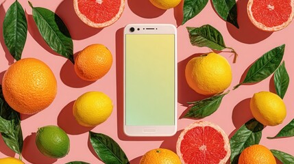 Modern smartphone display with floating citrus fruits