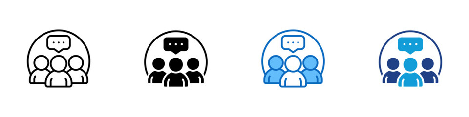 Group Chat Multiple Style Icon Design Vector - Three people with speech bubble above, symbolizing group conversation or community discussion