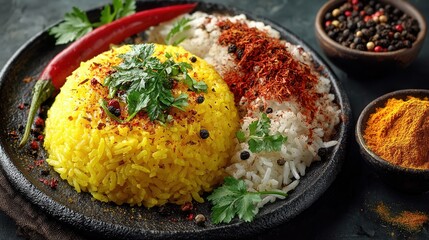 Flatlay of golden rice with curry spices on white background