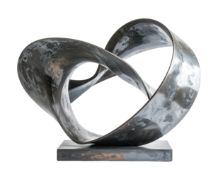 A sculptural, abstract artwork featuring a continuous, ribbon-like form with a metallic appearance, set against a stark black background, showcasing textures, curves, and the interplay of light and...
