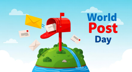 World post day celebration with a vibrant red mailbox on a green island delivering letters and envelopes