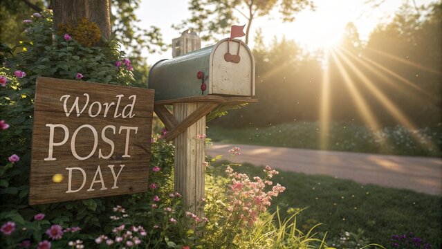 Glowing vintage mailbox surrounded by blooming flowers.