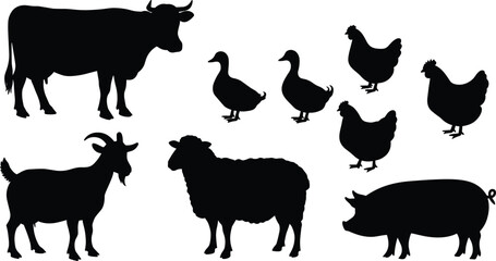 Farm animal silhouettes including cow, goat, sheep, pig, duck, chicken, poultry livestock vector illustration, black farm animals isolated