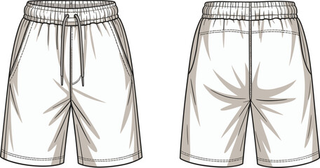 Flat vector technical sketch of casual shorts front and back view, elastic waistband, drawstring, pockets, fashion design illustration