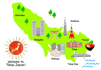 かわいい東京都の観光スポット手描きイラストマップ