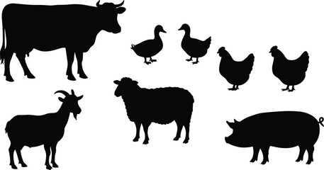 Farm animal silhouettes with cow, goat, sheep, pig, ducks, chickens, poultry livestock vector illustration, black domestic animals isolated design