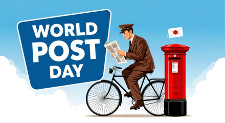 Postman on bicycle delivering mail next to iconic red post box celebrating world post day