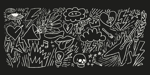 Pen scrawl punk rock doodles, scribbles with guitars, skulls, hearts, lightning, grunge sketchy symbols in chalkboard style. Music graphic elements, emo graphics, tattoo icons.
