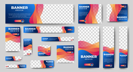 Set bundle of ads banner template design with blue and red background. vector	