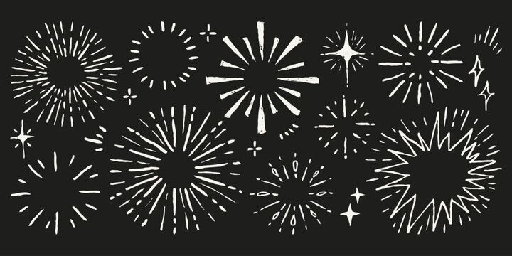 Pencil crayon draw fireworks, sunburst, spark set in sketchy chalkboard style. Minimalist kids drawing black and white doodles burst elements for festive design.