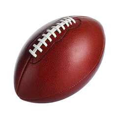 A  photograph showcases a detailed football, presenting a rich brown leather texture with white stitching and laces, poised against a dark, solid black backdrop for a contrasting visual effect.