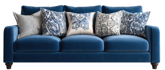 Dark blue velvet sofa with patterned throw pillows
