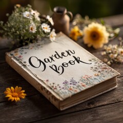 Rustic floral garden book on wooden table with wildflowers and vintage decor, countryside inspiration for gardening journals and creative notes
