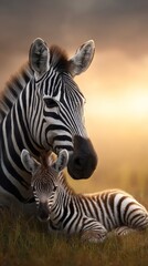 Naklejka premium Close-up of a zebra mother with her baby foal resting together in golden light of sunset on the savannah, symbol of wildlife care and protection 