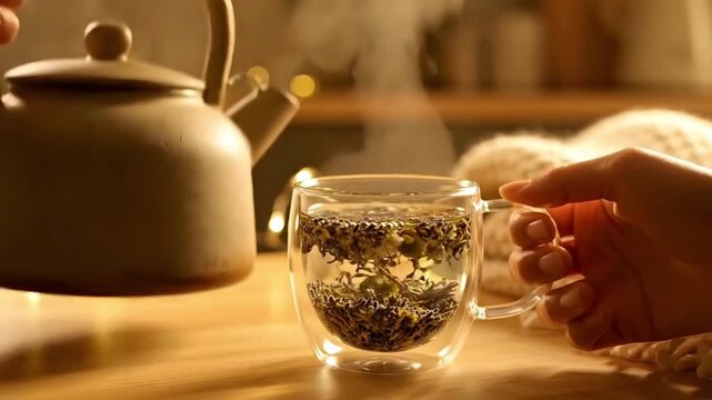 Pouring hot water to brew herbal tea in a glass mug, cozy hygge lifestyle concept