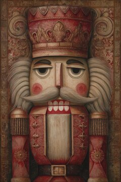 Vintage nutcracker soldier in ornate red uniform with crown, mustache, and wooden carved details in classic Christmas holiday style
