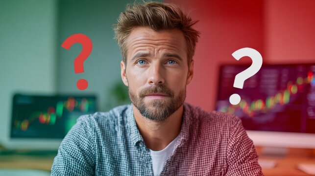 Confused man with beard and casual shirt sitting in front of trading charts and stock market graphs with red and green question marks
