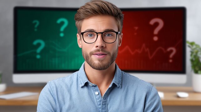 Confused businessman with glasses in front of computer screens showing red and green question marks and financial graphs