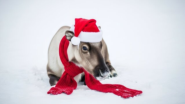 A reindeer wearing a festive red Santa hat and scarf, resting in snow. - Powered by Adobe