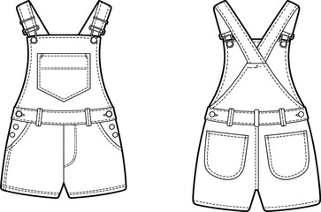 Short overalls, fashion sketch, technical drawing, garment design, vector illustration, front view, back view, patch pockets, straps, flat vector