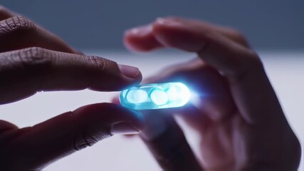 Close up of hands holding a glowing blue capsule with small pills inside.