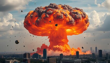 Fiery orange and black mushroom cloud engulfing cityscape, debris flying,  fantasy,  digital art