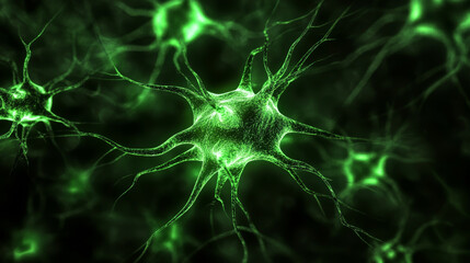 Fototapeta premium Green neuron cell network glowing with electric signals in dark brain tissue expressing scientific energy
