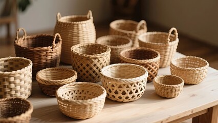 Assorted handwoven baskets displayed on a wooden table