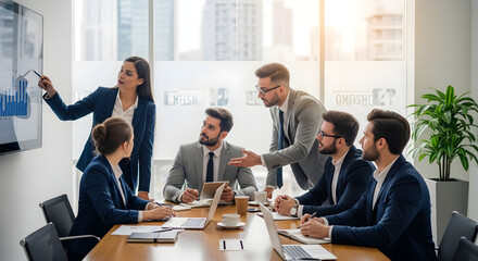 Engaged business professionals collaborating and discussing financial data during a strategic team meeting, analyzing charts and graphs for effective decision-making in a modern corporate office setti