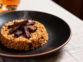 Traditional arroz de carreteiro with charred meat and rice served hot, symbol of rustic culinary heritage and Brazilian identity