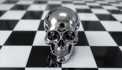 Reflecting Silver Skull on a Black and White Checkerboard Pattern