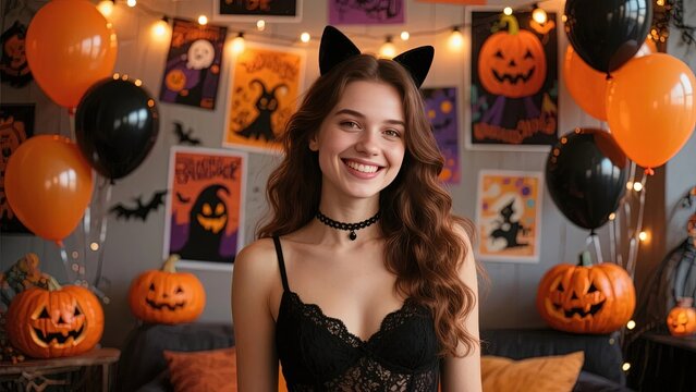 A woman dressed in a Halloween costume with cat ears, smiling in a decorated room with pumpkins and balloons.