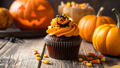 Spooky Chocolate Cupcake with Orange Frosting, Bats, and Pumpkins for Halloween Celebration