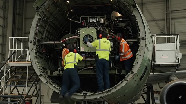 Aircraft engine maintenance in hangar by skilled technicians.