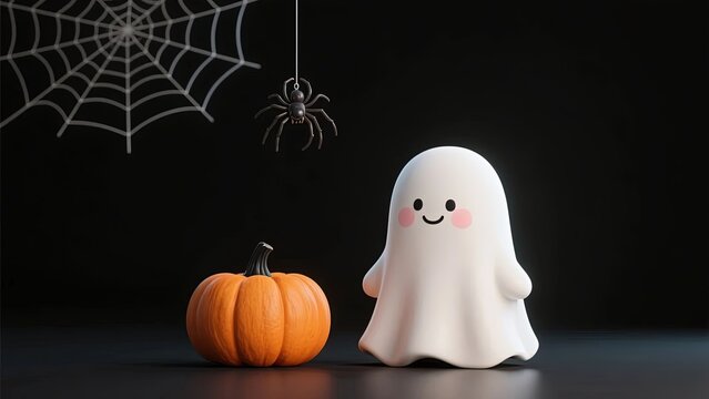 Cute ghost figurine and pumpkin with spiderweb and spider in Halloween-themed setup - Powered by Adobe