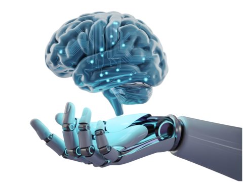 Artificial intelligence brain on robot hand isolated on transparent background - Powered by Adobe