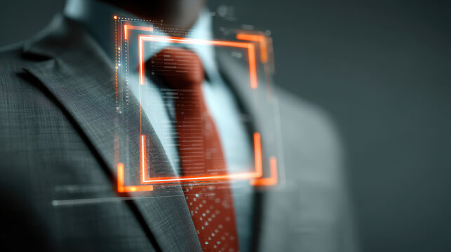 Business suit red tie facial scan biometric security digital hologram identification authentication interface