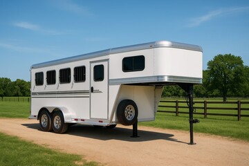 This new white horse trailer sits on a brown dirt road. Green grass and wooden fences flank the trailer under a blue sky.