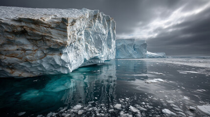 A vast Antarctic glacier with a massive, geometric blue void in the ice, under a troubled, melancholic sky.