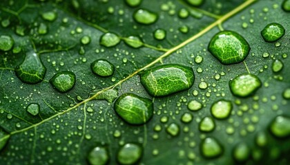 Close-up of water droplets on a vibrant green leaf