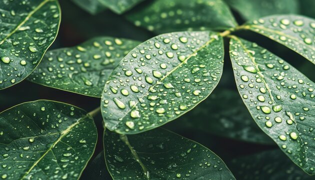 Close-up of lush green leaves covered in dew drops - Powered by Adobe