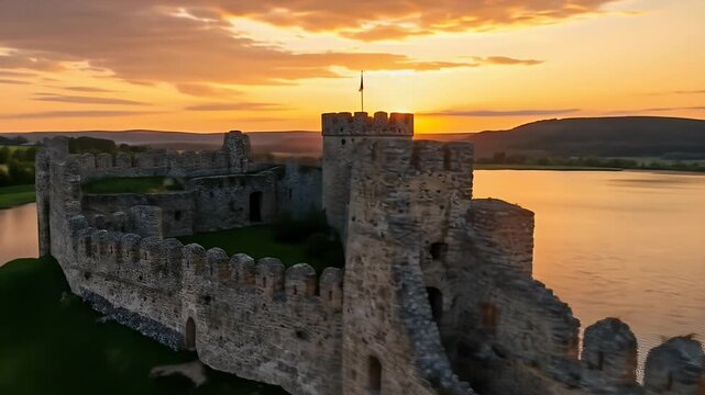 Ancient Castle Ruins Bathed in Golden Sunset Light Overlooking Water.