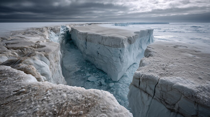 A vast Antarctic glacier with a massive, geometric blue void in the ice, under a troubled, melancholic sky.