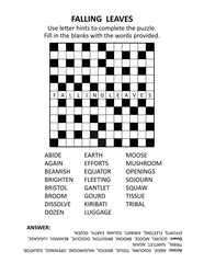 Easy and engaging crossword puzzle game for autumn season evenings or coffee breakes. General knowledge, family friendly content, quick style. Letter hints.  Answer included.
